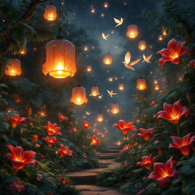The primary subject of the image is a pathway surrounded by flowers and lit by lanterns. The setting is a forest with a nighttime atmosphere. The visual style is a digital art or illustration, creating a surreal and magical scene. The colors and mood are predominantly warm and inviting, with the lanterns providing a soft, ambient light.